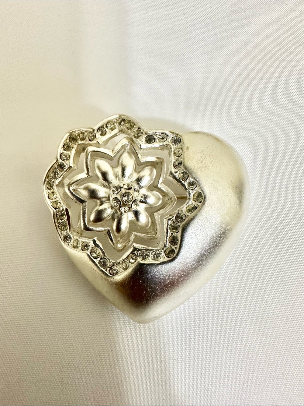 Vintage Silver Plated Heart Floral Brooch with Crystal Accents